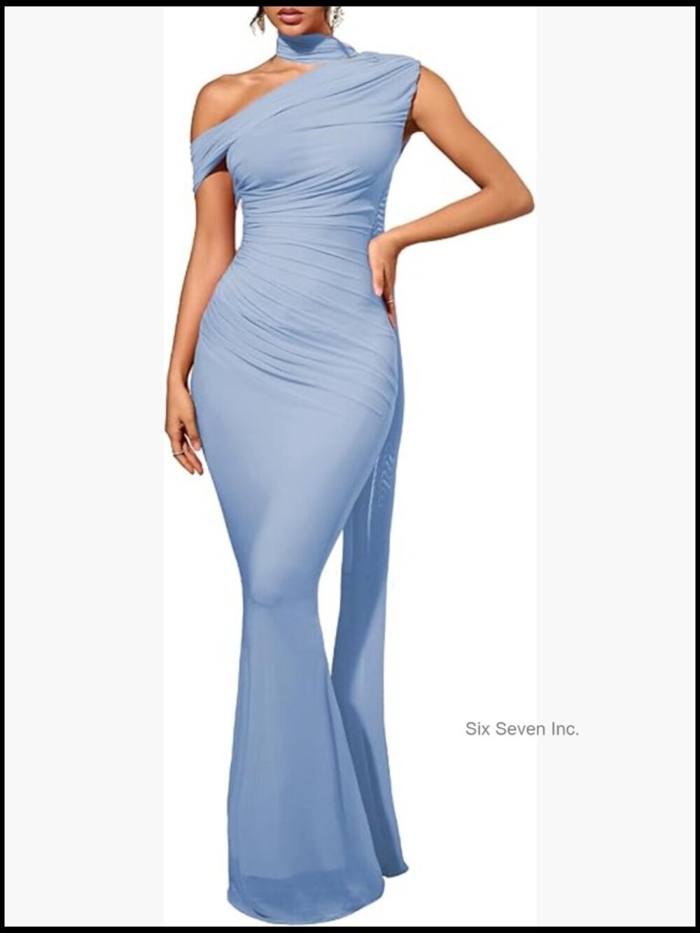 One Shoulder Formal Evening Gown with Built-in Bra Mesh Ruched Maxi Dress - Picture 1 of 7